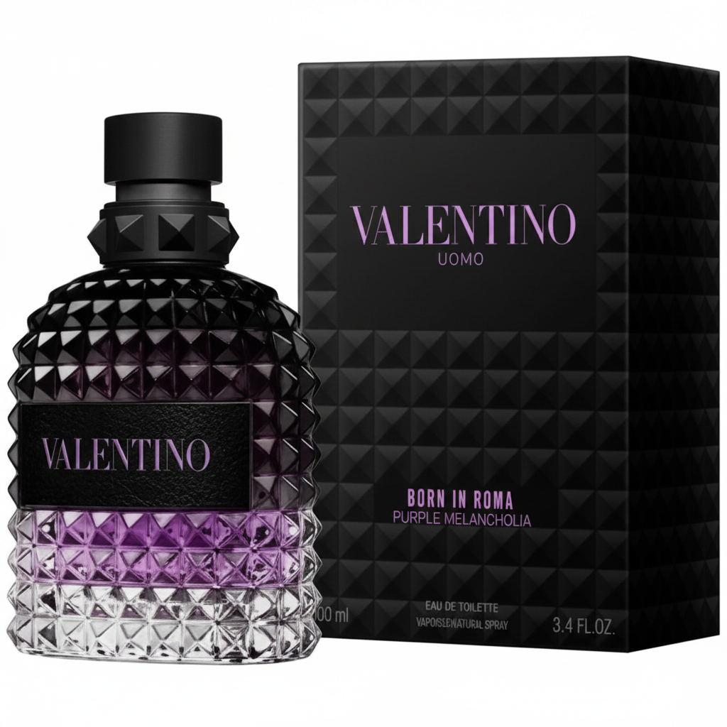 Valentino Uomo Born in Roma Purple Melancholia EDT - Bottle and Box