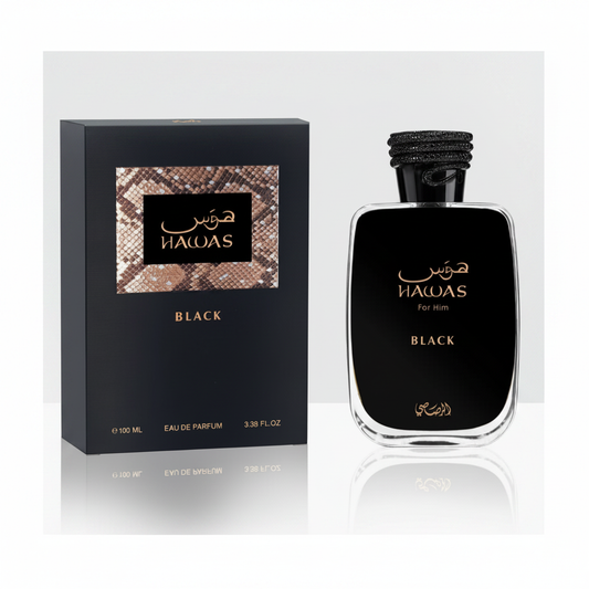 Rasasi Hawas Black For Him EDP - Box and Bottle