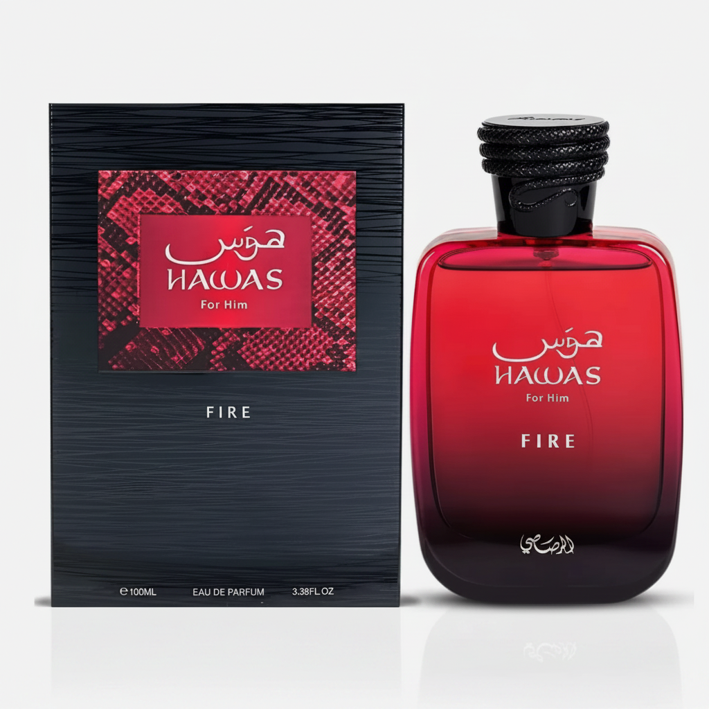 Rasasi Hawas Fire For Him EDP - Box and Bottle
