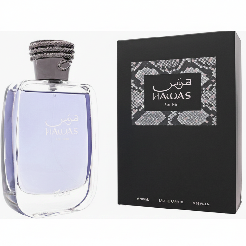 Rasasi Hawas For Him EDP - Bottle and Box