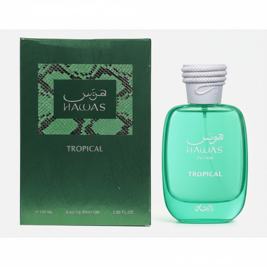 Rasasi Hawas Tropical For Him EDP - Box and Bottle